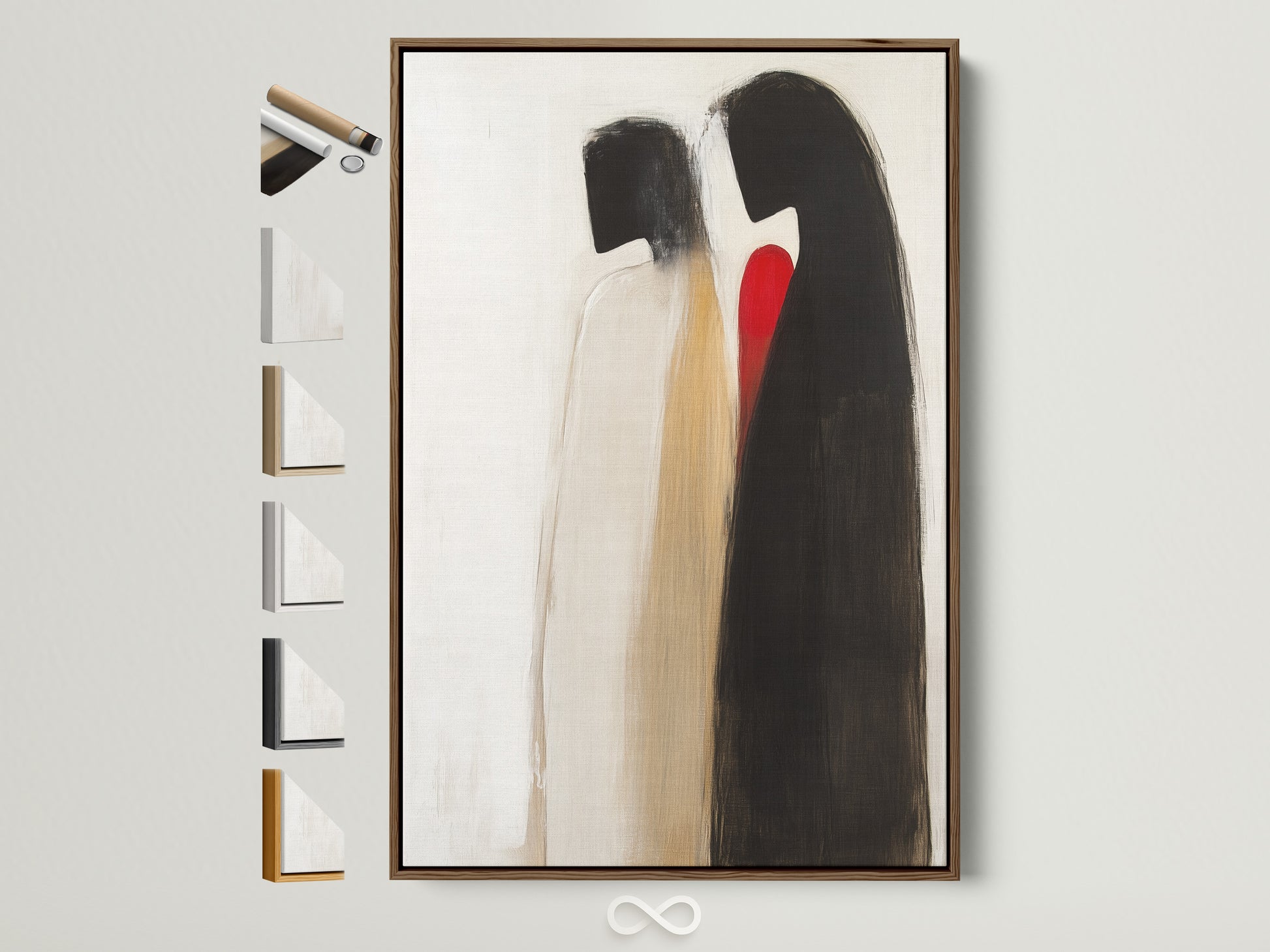 Abstract Couple Art Print in a Brown Frame. The artwork features minimalist figures in beige black and a touch of red. Explore frame options to complement your modern home decor. Add a touch of romance to your bedroom wall art.