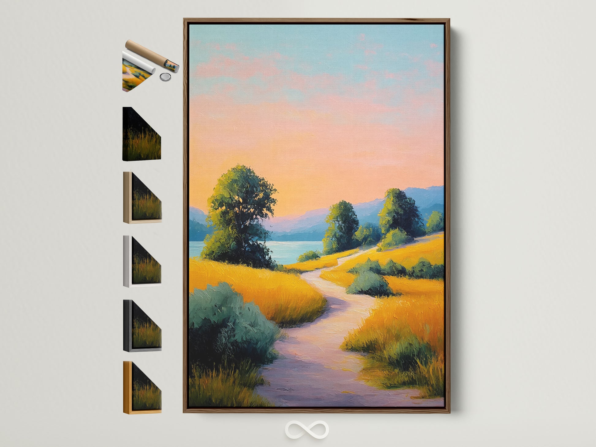 Sunset landscape artwork with a golden path print in a brown frame. This nature wall decor brings peaceful vibes to any bedroom or office. See all our frame options. It's perfect for country and farmhouse style interiors. The primary color is yellow and the secondary color is beige.