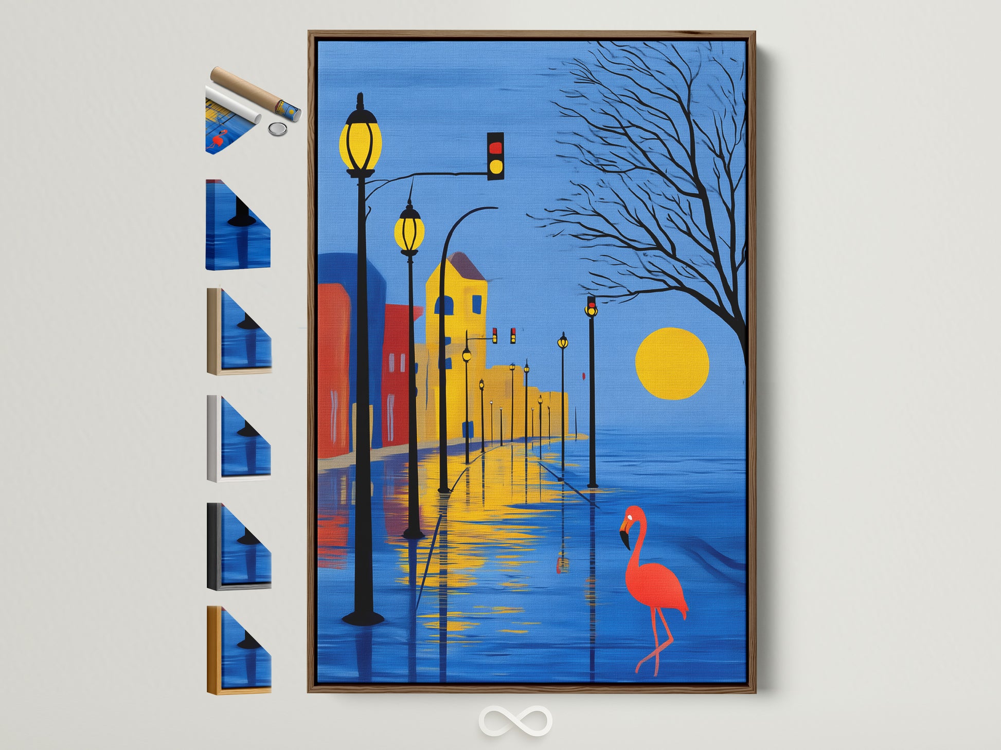 Framed cityscape art with a brown frame. This modern artwork features a vibrant flamingo print. See all our frame options available. Elevate your space with blue and yellow urban decor. Perfect for any office or home setting.
