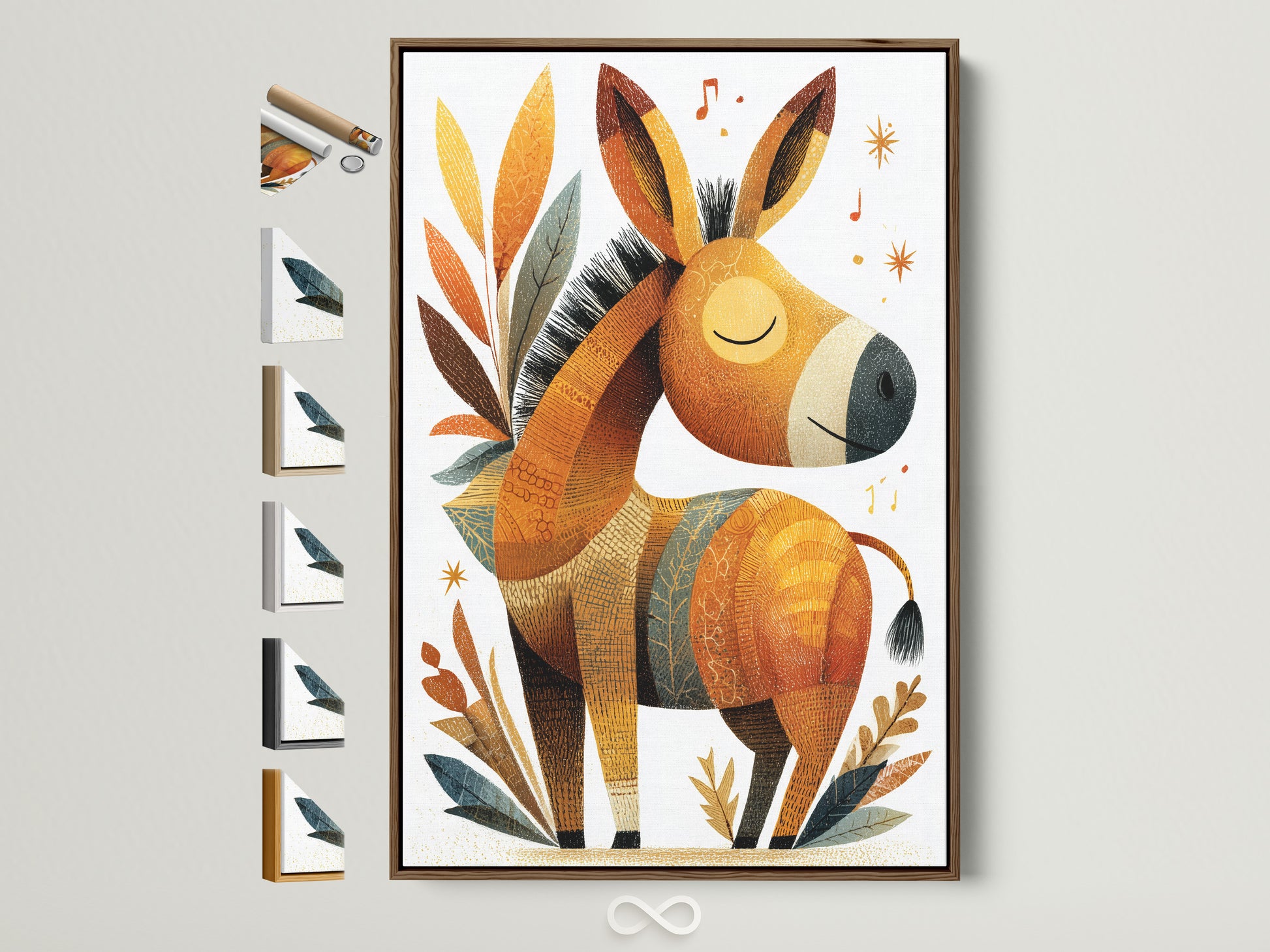 A charming donkey artwork is displayed in a brown frame. Several frame options are visible on the side. Consider framed art to enhance your home decor. This framed art adds character to any room.