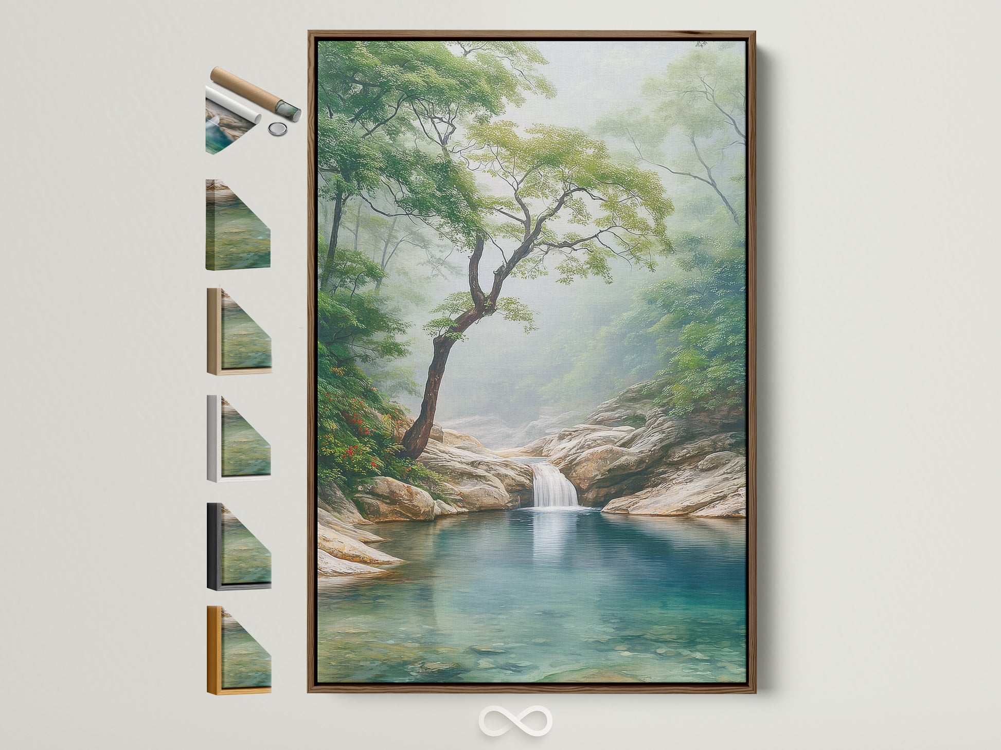 Misty Forest Wall Art with a waterfall. The art is displayed in a brown frame. This serene landscape photography is perfect for entryway decor. See all frame options for your nature print.