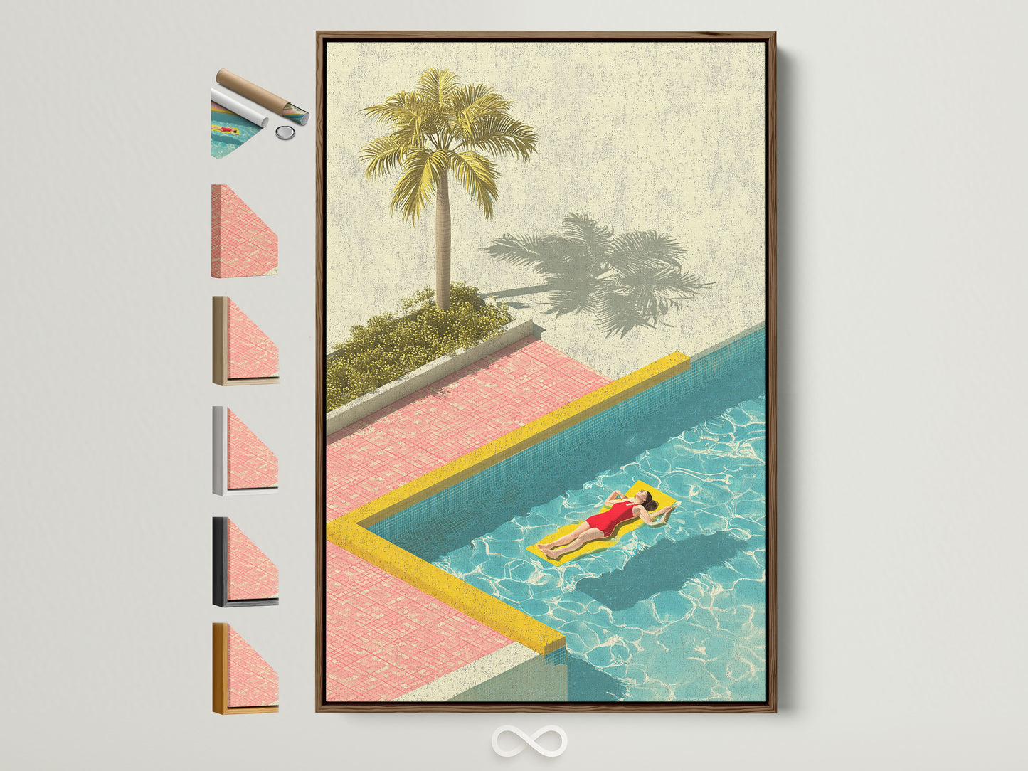 A captivating artwork of a woman floating on a raft in a pool is showcased. The artwork is framed in a natural brown frame. Multiple frame options are displayed. Explore framing possibilities to enhance your art.