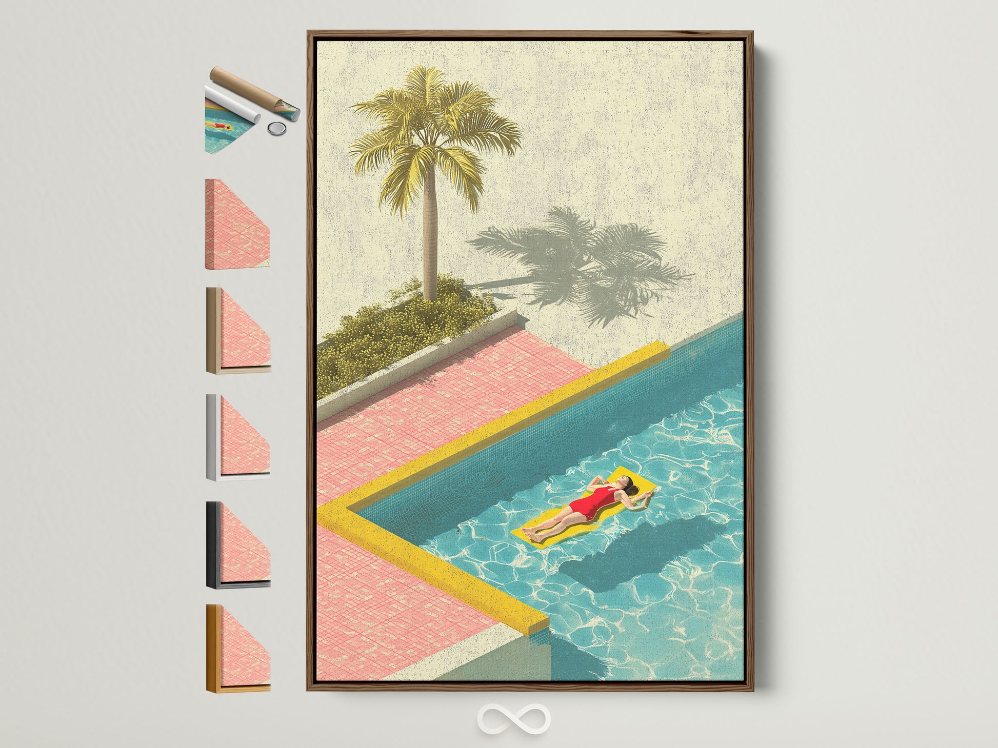 A captivating artwork of a woman floating on a raft in a pool is showcased. The artwork is framed in a natural brown frame. Multiple frame options are displayed. Explore framing possibilities to enhance your art.