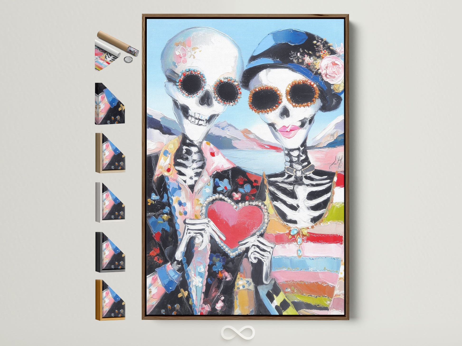 Dia de los Muertos couple art displayed in a brown floating frame. This folk art print features sugar skulls a heart and colorful details. See all frame options to find the perfect Day of the Dead wall art.