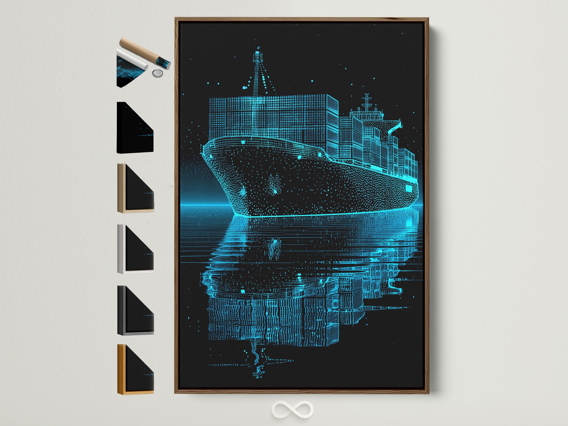 Framed artwork featuring a container ship with a captivating light blue line art effect. The artwork is displayed in a brown frame. Notice the arrangement of various frame options showcased on the side. This setup allows you to explore different framing styles to perfectly complement your chosen artwork.