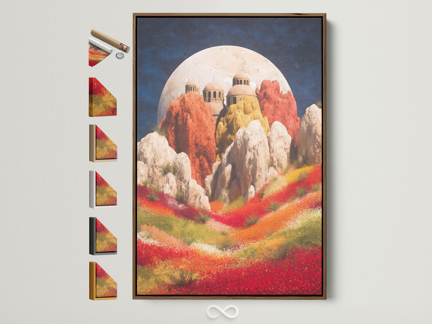 Explore fantasy landscape artwork with a brown frame. This surreal architecture wall art features a dreamy floral field. Perfect for adding modern wall art to your bedroom. All frame options displayed.