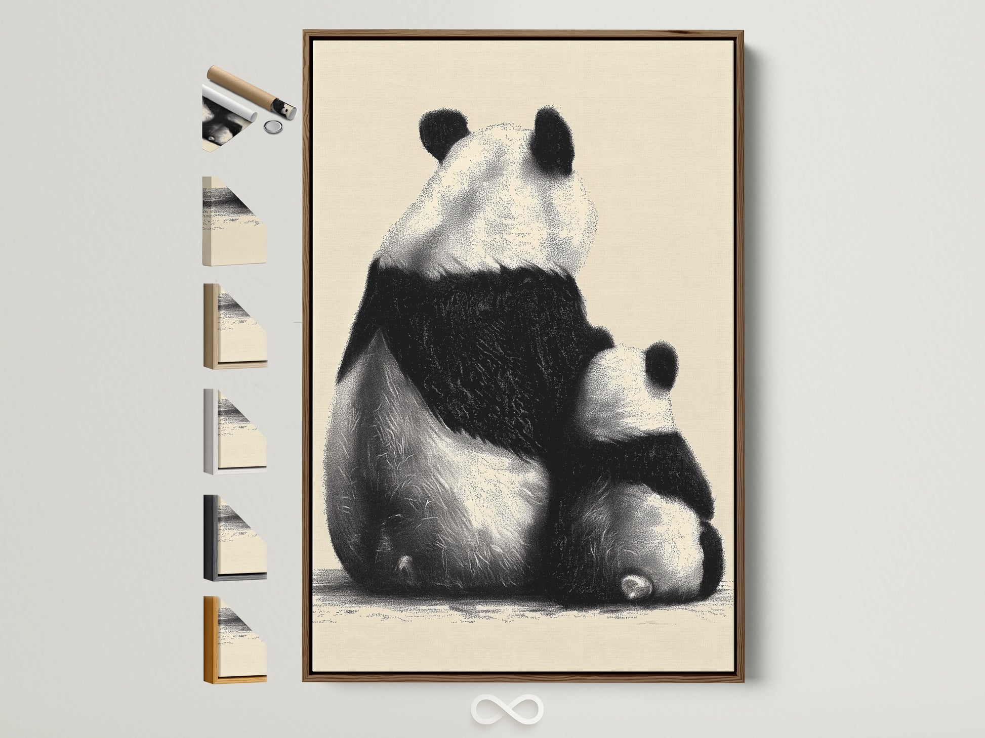A charming art print featuring a panda and its cub adorns a wall. It is encased in a brown frame. Explore frame options to perfectly complement your artwork. Discover the ideal frame to showcase your unique style.
