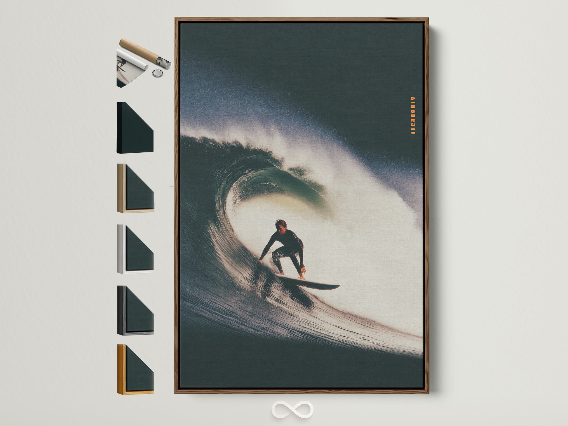 A brown frame displays surf artwork. The art is mounted on a wall. All frame options are featured. It offers a glimpse into available styles. Find the perfect frame for your artwork. Add a touch of sophistication to your space.