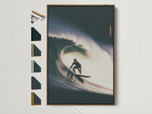 A brown frame displays surf artwork. The art is mounted on a wall. All frame options are featured. It offers a glimpse into available styles. Find the perfect frame for your artwork. Add a touch of sophistication to your space.