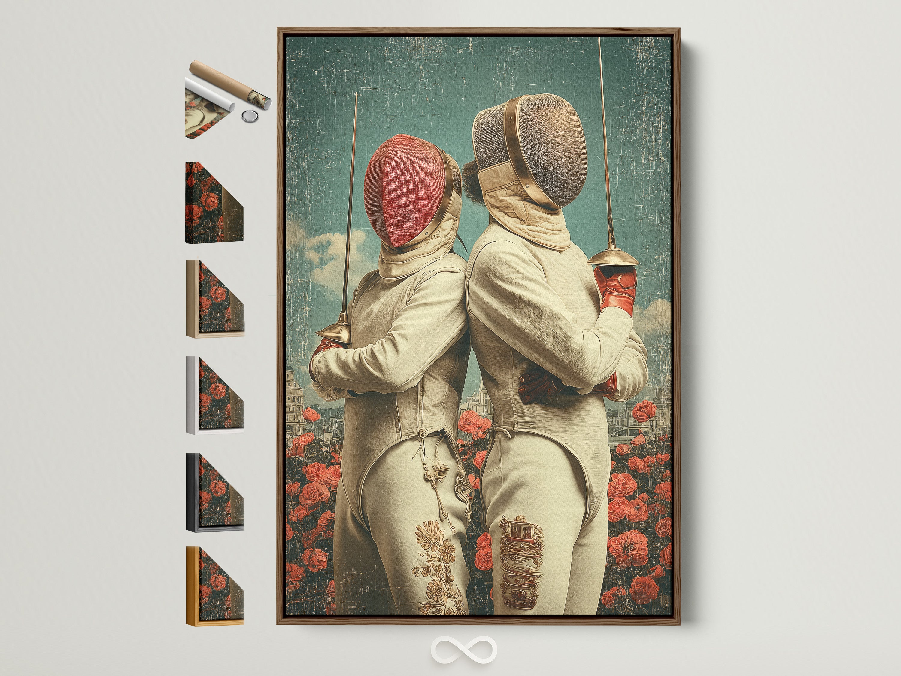 Vintage fencing artwork is displayed in a brown frame. The artwork features two fencers in a surreal setting. The background has red flowers and a city skyline. All frame options are visible on the side. Perfect for a home gym or sports bar.