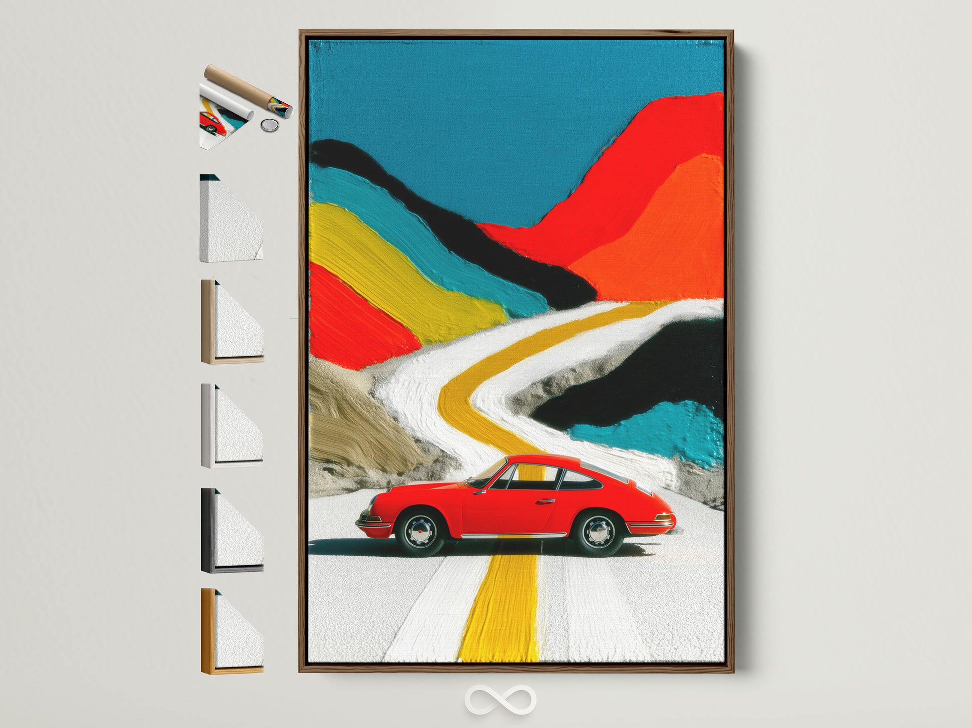 Explore vintage car art with a brown frame. See all frame options alongside a colorful abstract road print. Perfect modern wall art for minimalist or eclectic styles. Elevate your space today