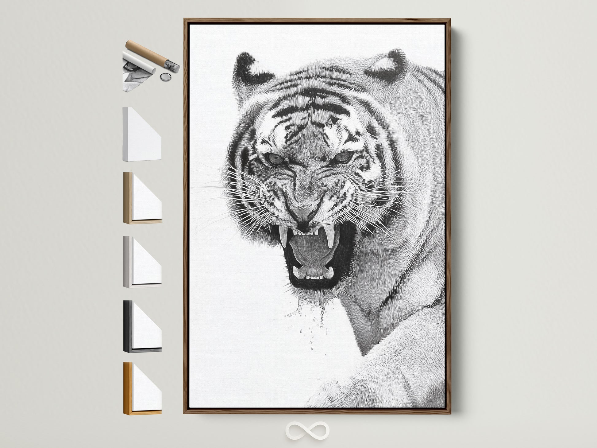 A fierce tiger artwork is displayed in a brown frame. The frame options are showcased on the side. This striking piece adds a bold statement to any room. It captures the raw power and beauty of wildlife. A perfect focal point for art lovers.