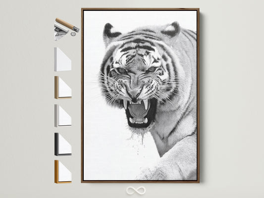A fierce tiger artwork is displayed in a brown frame. The frame options are showcased on the side. This striking piece adds a bold statement to any room. It captures the raw power and beauty of wildlife. A perfect focal point for art lovers.