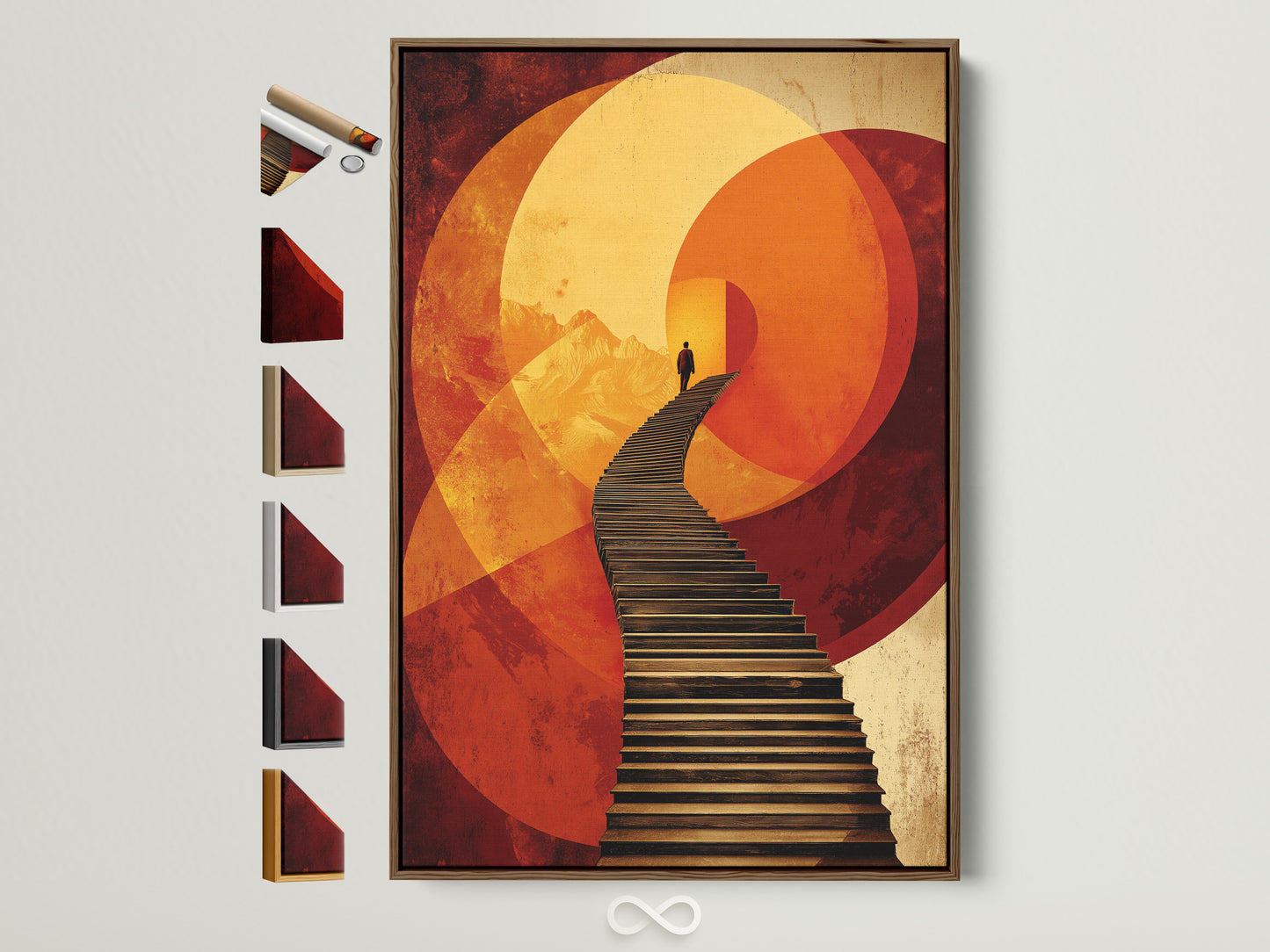 A surreal stairway canvas print is displayed in a brown frame. This abstract figure wall art features a geometric sunset. See all frame options available to elevate your modern artwork. Perfect for minimalist and Scandinavian decor.