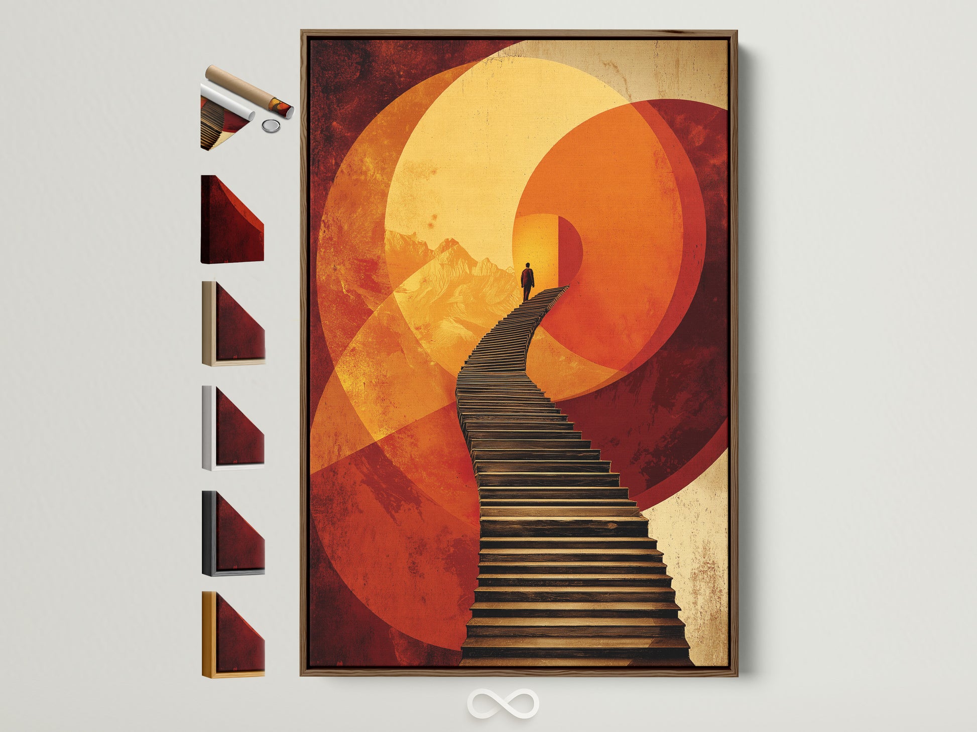 A surreal stairway canvas print is displayed in a brown frame. This abstract figure wall art features a geometric sunset. See all frame options available to elevate your modern artwork. Perfect for minimalist and Scandinavian decor.