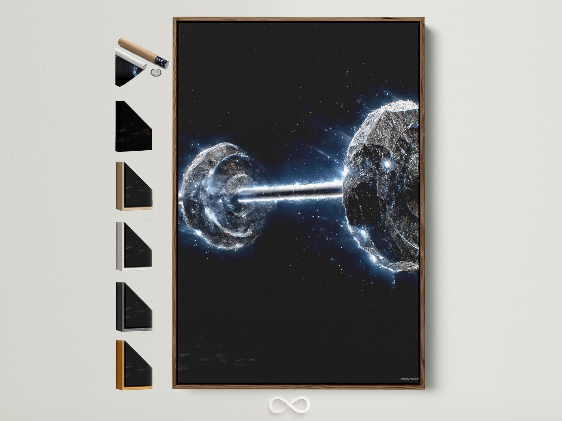 Cosmic Collision wall art in a brown frame. This space art canvas print features a galaxy astronomy theme. See all frame options available for this artwork. Perfect for home or office decor. Enhance your space with this unique art piece.