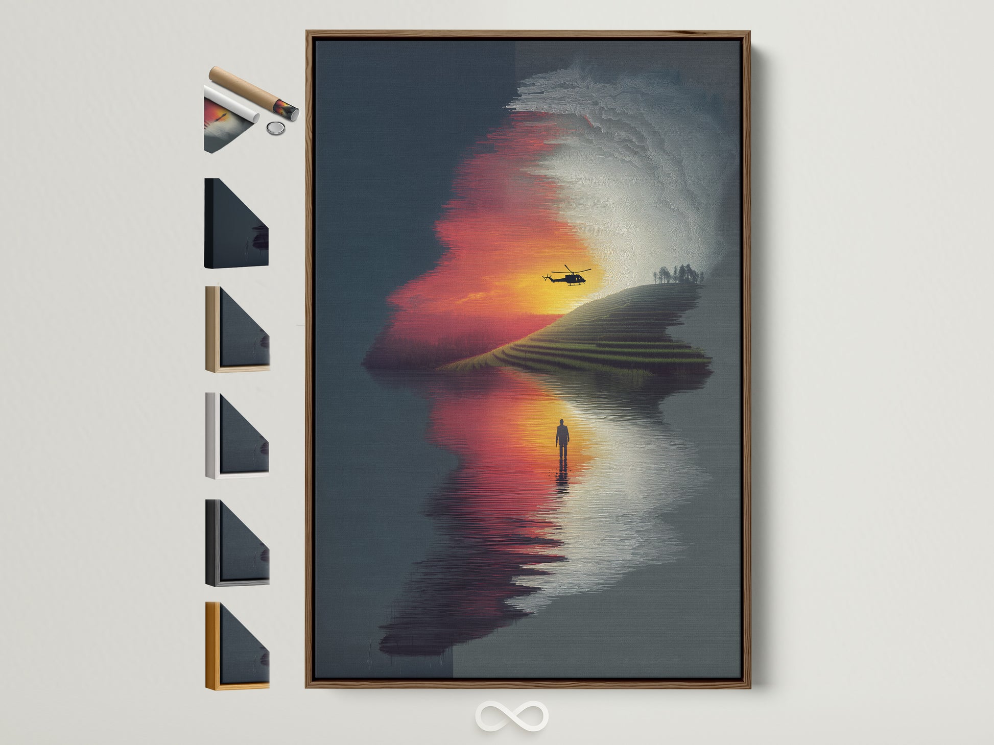 Surreal landscape artwork with a sunset reflection is framed in a brown frame. This modern wall decor features a silhouette of a person and a helicopter. See all frame options available for this fine art print. Perfect for minimalist or industrial styles