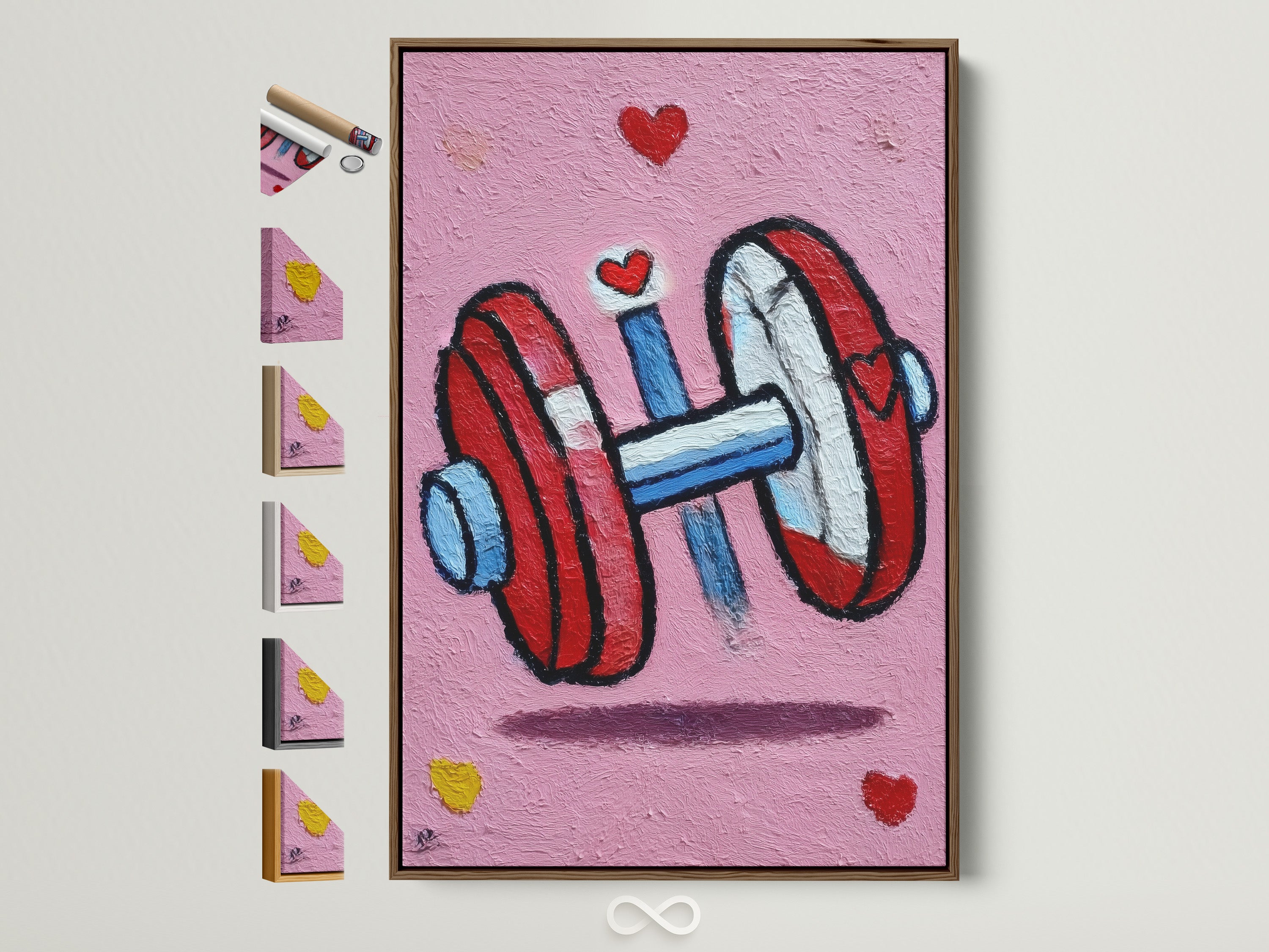 Dumbbell art print with a brown frame. This fitness motivation wall art features a pink gym canvas print. It is ideal for home gym decor. Explore all frame options to perfectly match your space. Elevate your workout room with this inspiring artwork.