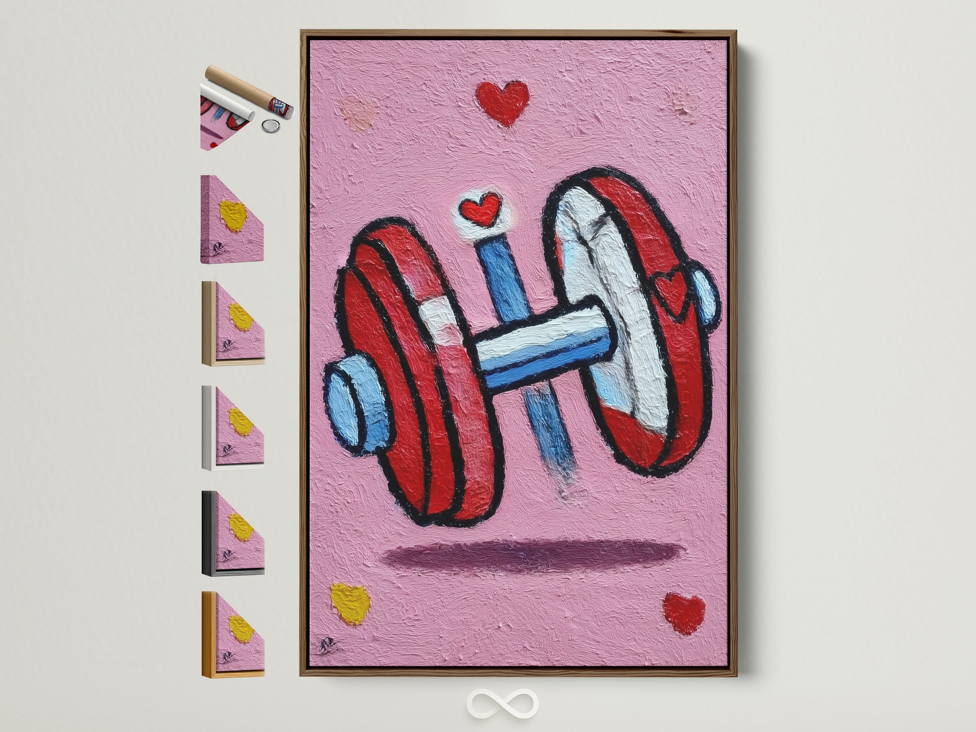 Dumbbell art print with a brown frame. This fitness motivation wall art features a pink gym canvas print. It is ideal for home gym decor. Explore all frame options to perfectly match your space. Elevate your workout room with this inspiring artwork.