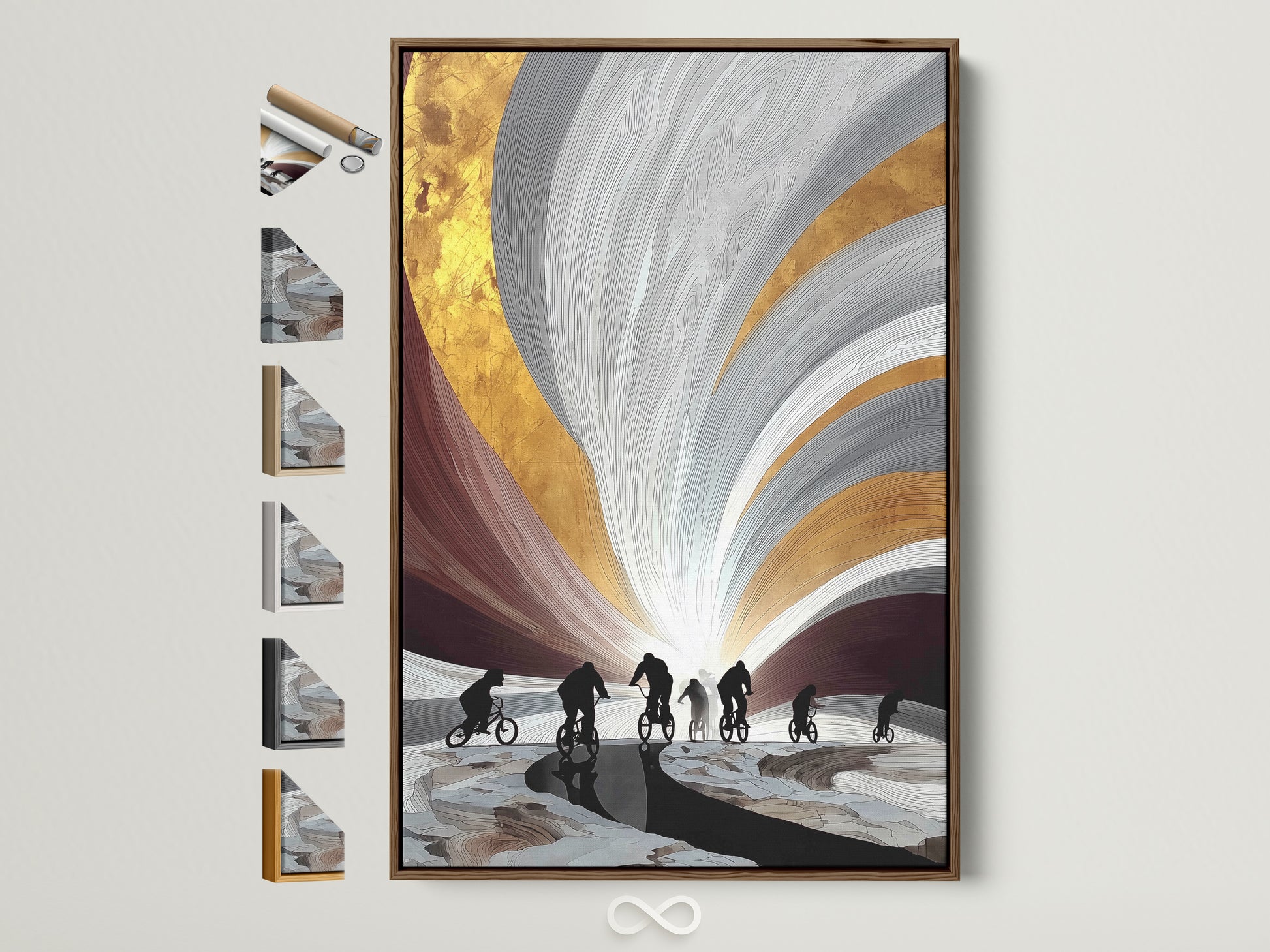 Explore cyclist artwork with a brown frame. This artwork features cyclists in silhouette against an abstract gold and gray backdrop. See all our frame options on the side. Perfect modern art for any room.