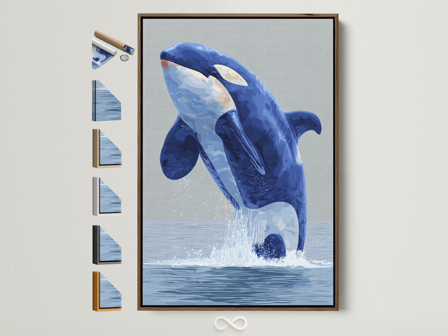 Elevate your space with our Orca Whale art print. This art is framed in a brown frame and features all available frame styles on display. Perfect coastal wall decor. Discover marine animal artwork for minimalist and nautical styles. Transform your living room bedroom or office with this stunning piece. Shop now for ocean themed decor.