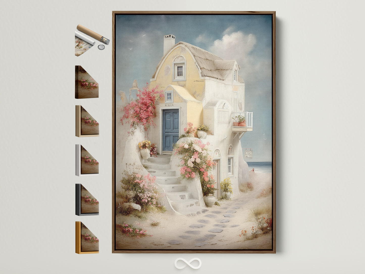 Framed coastal artwork showcasing a Mediterranean house with a blue door. The artwork is displayed with multiple frame options on the side. Perfect coastal artwork for living room wall art bedroom wall decor office wall art studios lobbies clinics cafรฉs and boardrooms.