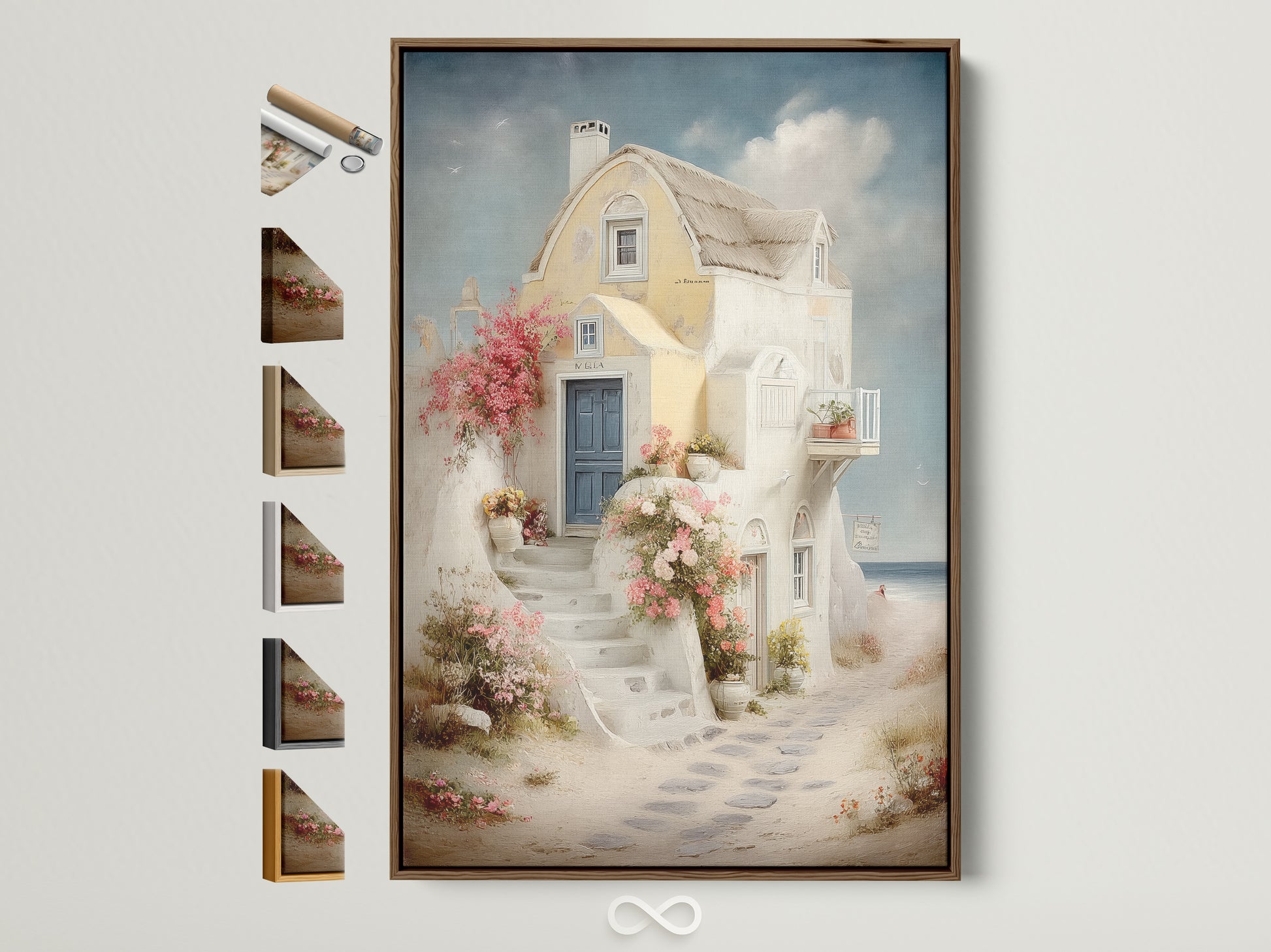 Framed coastal artwork showcasing a Mediterranean house with a blue door. The artwork is displayed with multiple frame options on the side. Perfect coastal artwork for living room wall art bedroom wall decor office wall art studios lobbies clinics cafรฉs and boardrooms.