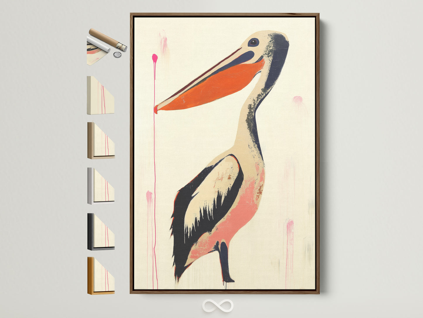 Artwork of a pelican in a brown frame. See all our frame options. Find the perfect frame to complement your chosen art. We offer a variety of styles. Discover the ideal frame to enhance your space.