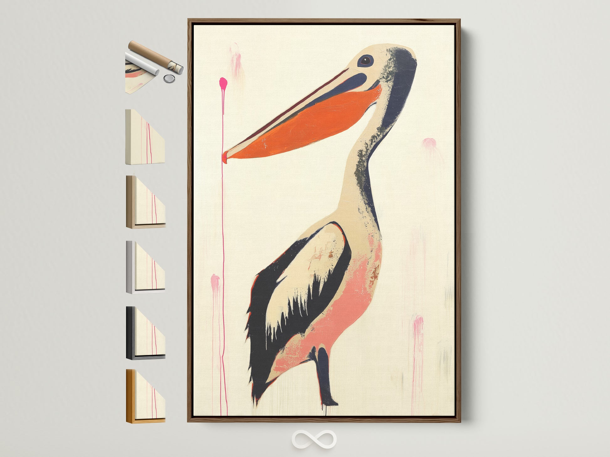 Artwork of a pelican in a brown frame. See all our frame options. Find the perfect frame to complement your chosen art. We offer a variety of styles. Discover the ideal frame to enhance your space.