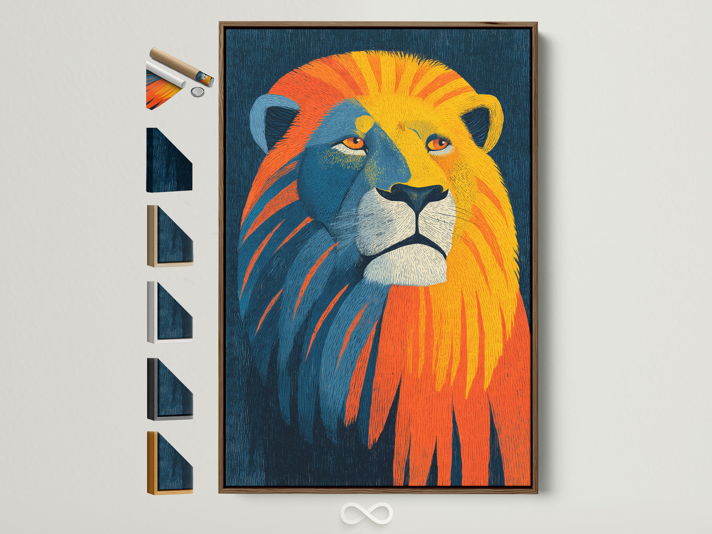 A vibrant lion artwork is displayed in a brown frame. This artwork showcases the range of available framing choices. View all our custom frame options. The lion art is a great conversation starter.