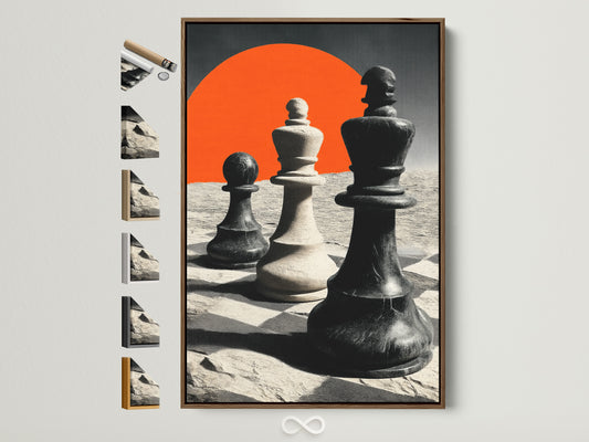 Artwork featuring chess pieces is showcased in a brown frame. The print is displayed on a white wall. All available frame options are presented on the side. A perfect piece of artwork for a game room or office space. Enhance your interior with sophisticated art.