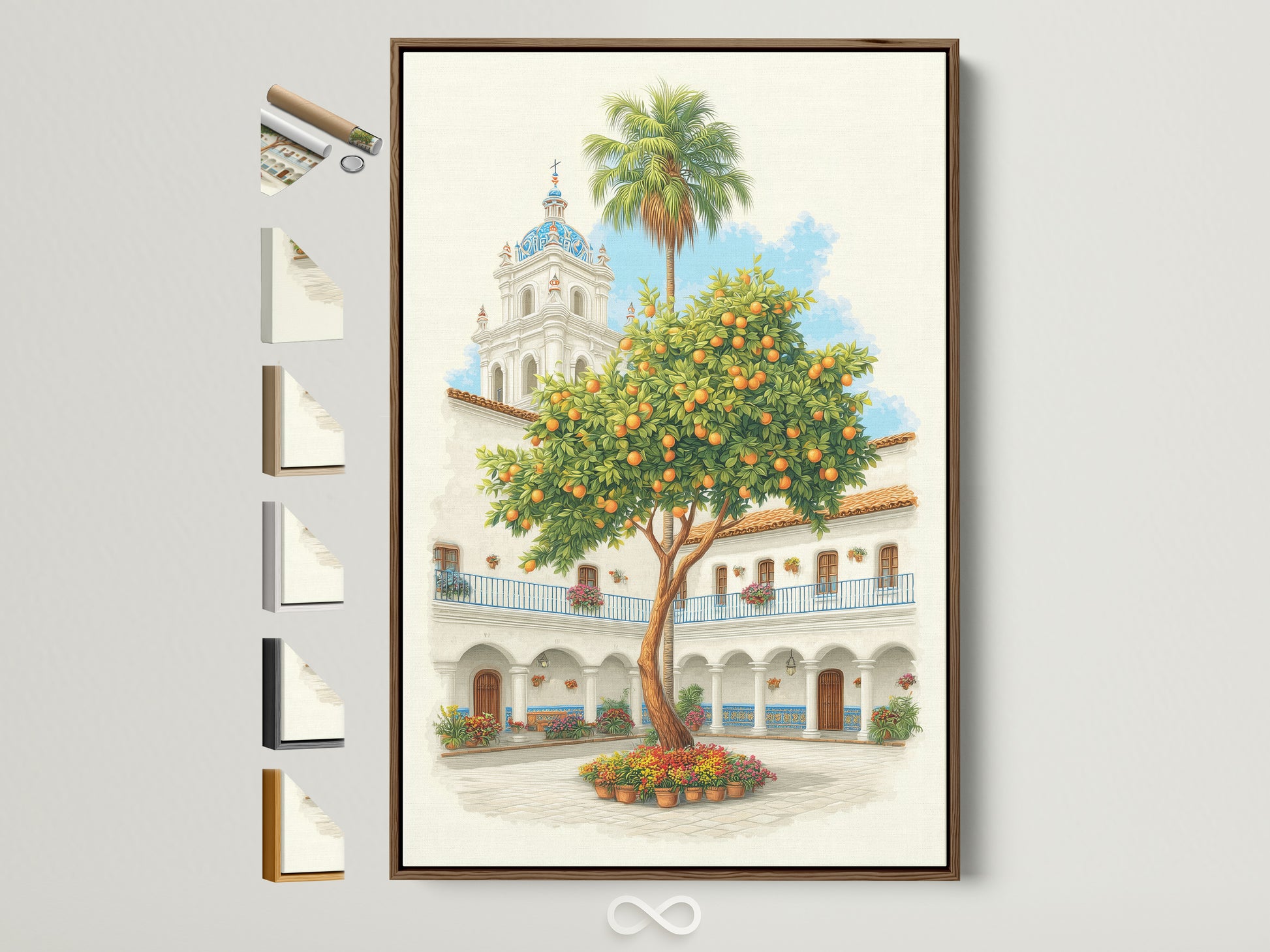 Spanish Courtyard artwork displayed in a brown frame. The artwork features a white building with a blue dome and an orange tree. See all frame options to find the perfect style for your space. Add a touch of Mediterranean decor to your home with this piece.