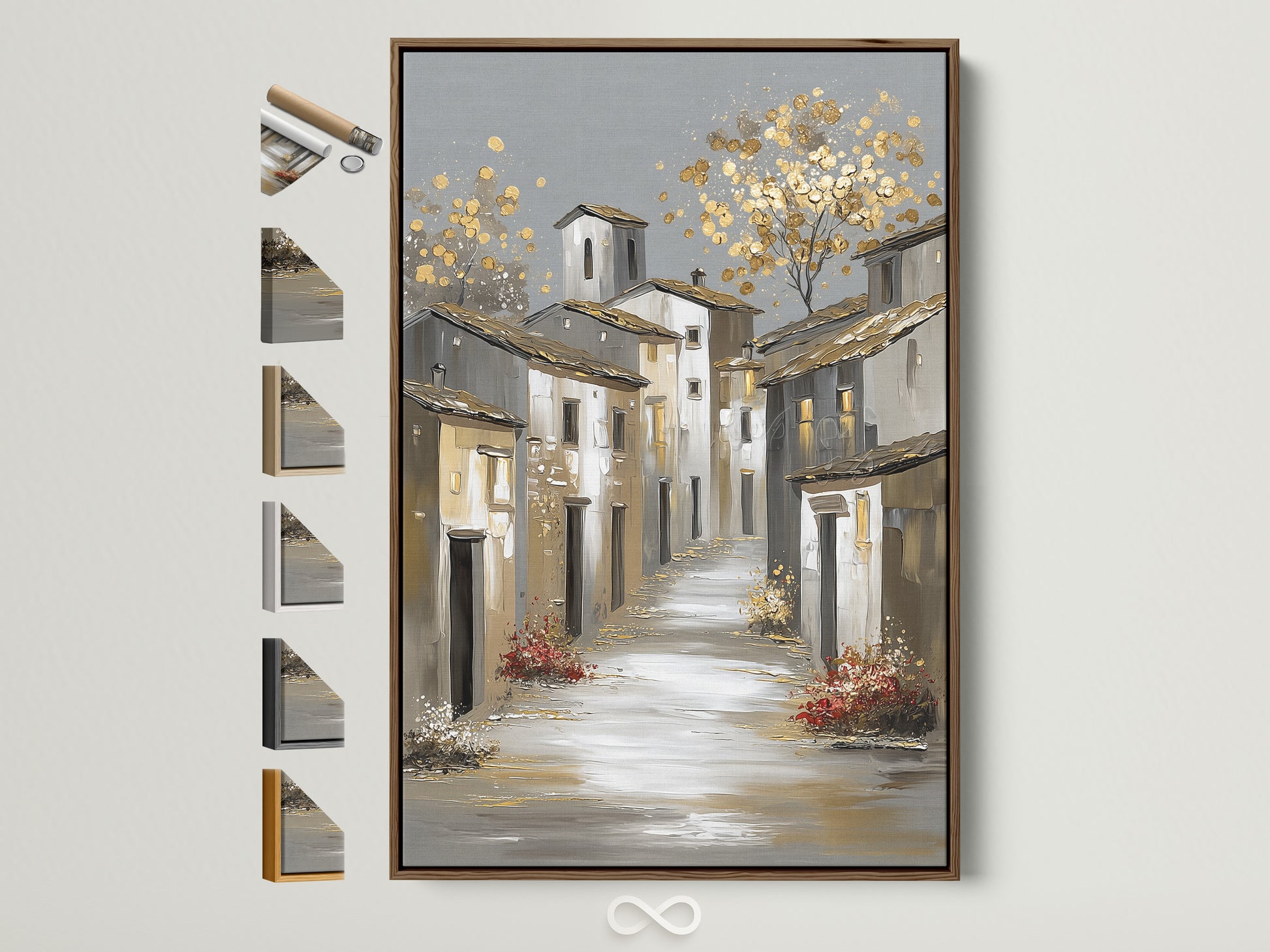 Brown frame displays artwork of a European street scene. The art features buildings and gold accents. Many frame options are visible on the side. Find the perfect frame to complement your art.