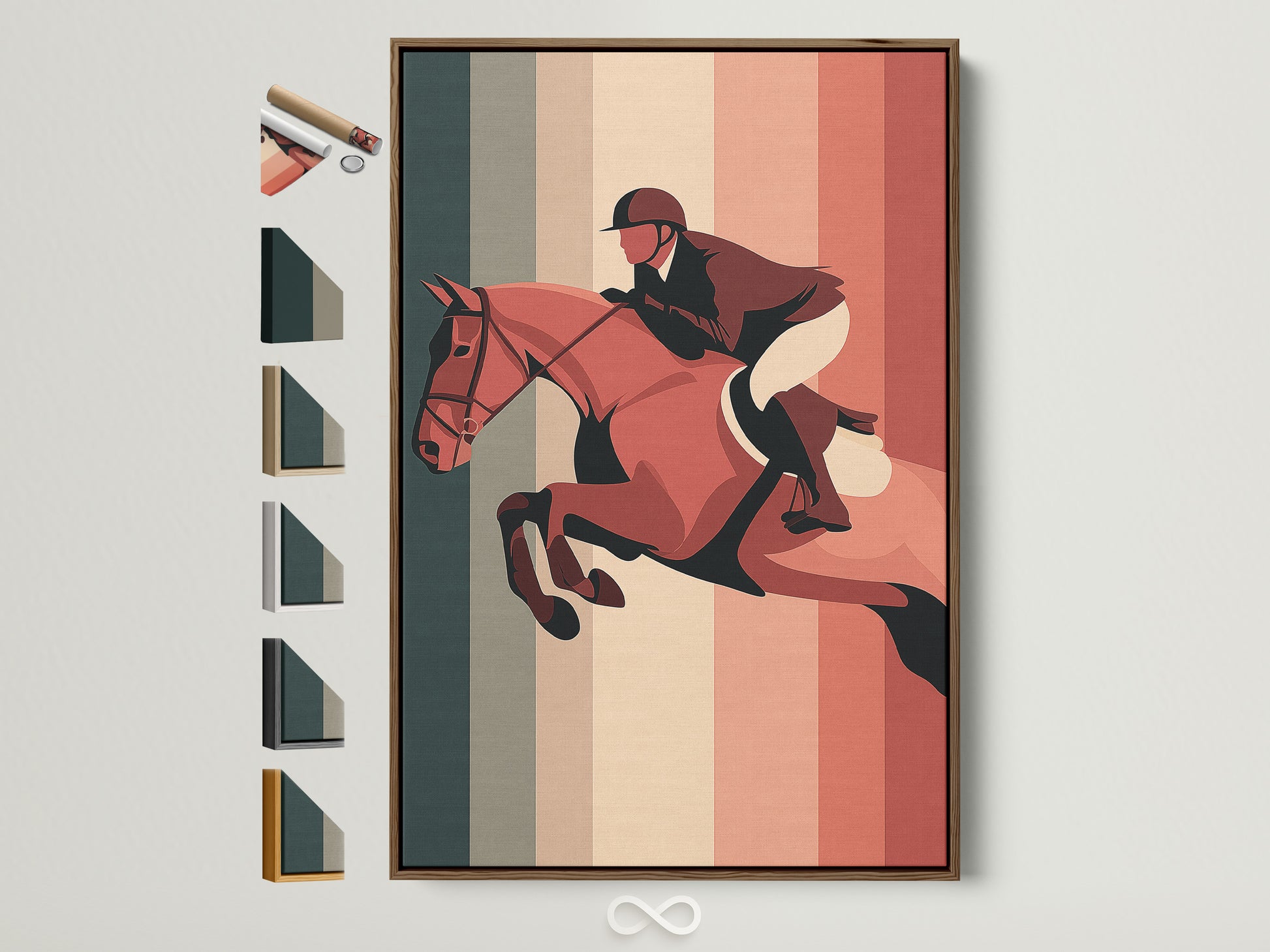 A brown frame showcases available frame options. Displayed on a wall the art piece adds a touch of elegance. The artwork features a horse and rider in mid-jump. The frame enhances the artwork beautifully. Discover the perfect frame for your art.