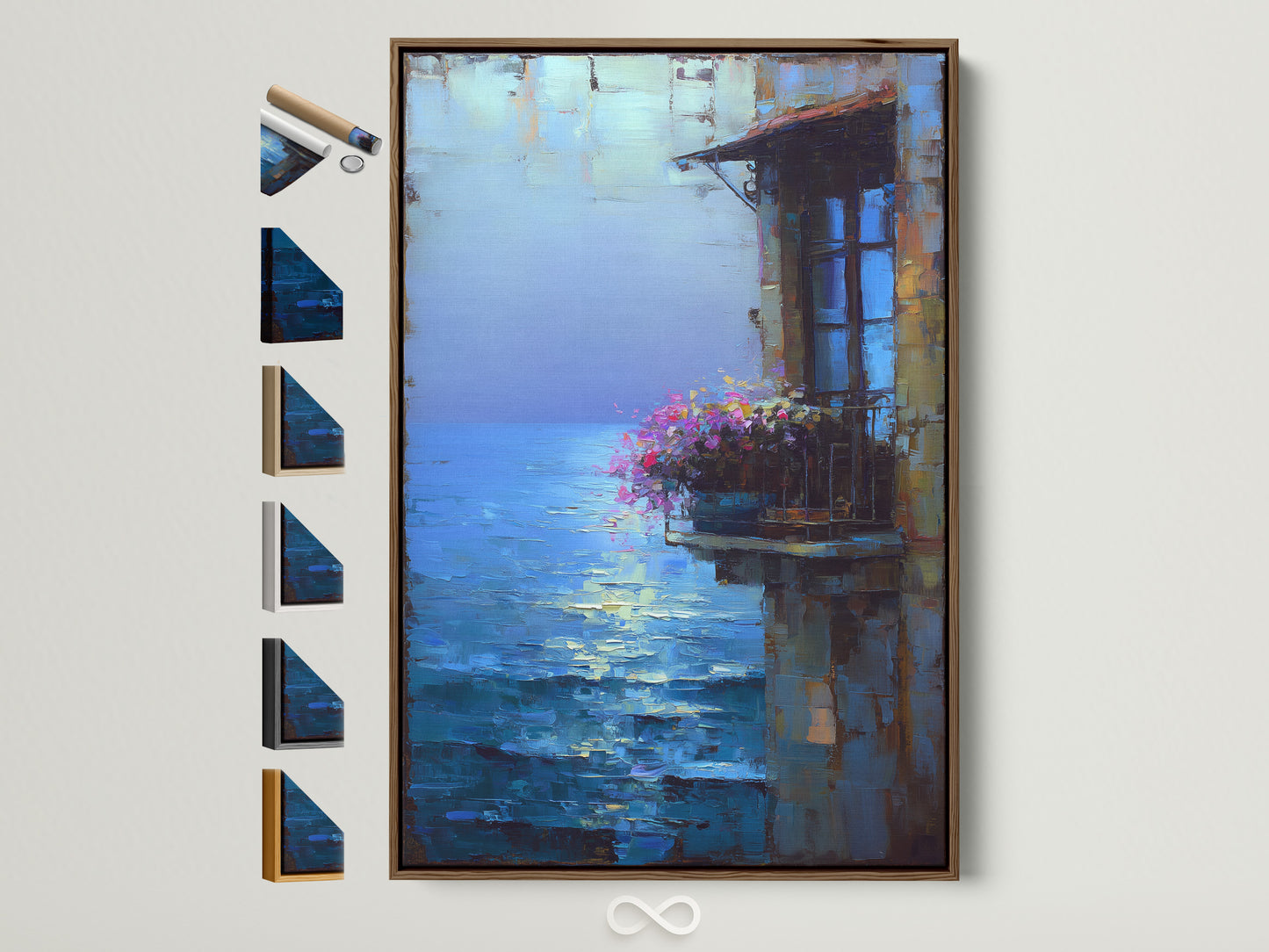 Mediterranean Balcony artwork is showcased within a brown frame. This image displays all the frame options available. A blue ocean painting for bedroom decor is a coastal village wall art.