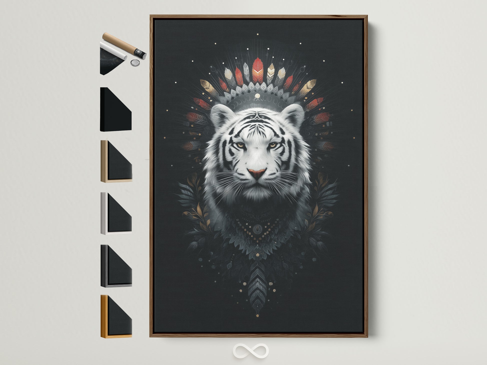 Boho tribal wall art featuring a mystical white tiger art print is displayed in a brown frame. Various frame options are presented. Find the perfect frame to complement your artwork. Enhance your living room or bedroom decor with this unique piece.