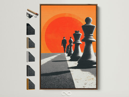Brown frame artwork. All frame options are displayed on the side. It shows the variety available. Find the perfect frame to complement your art. Explore framing possibilities today. Artwork features chess pieces and a figure walking towards a red sun.