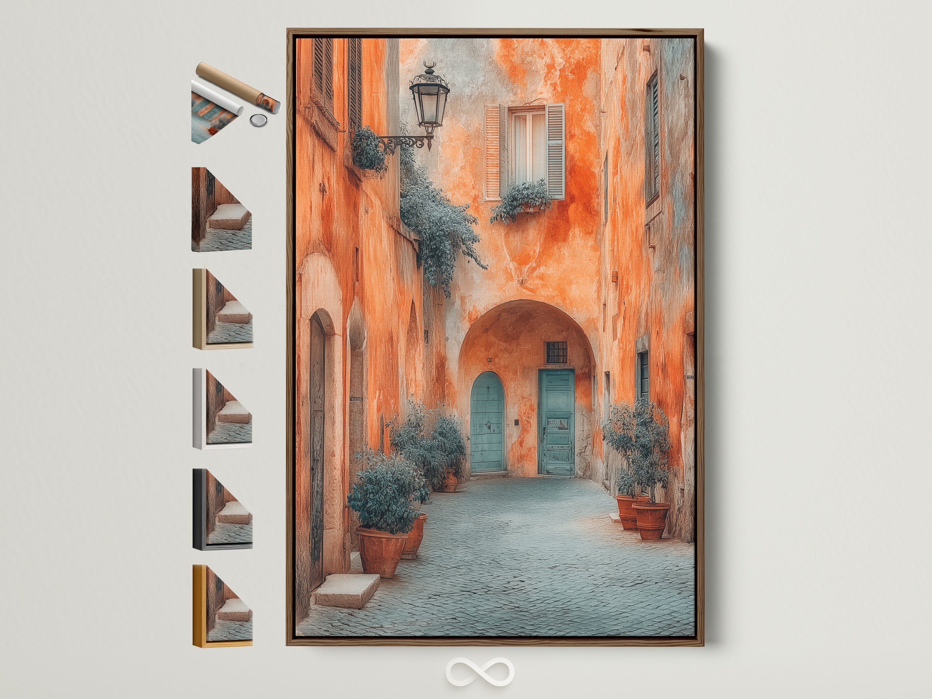 Italian Village artwork in a brown frame displayed on a white wall. Various frame options are showcased beside it. The artwork captures Tuscan architecture with warm tones. A perfect piece of travel photography for office decor.