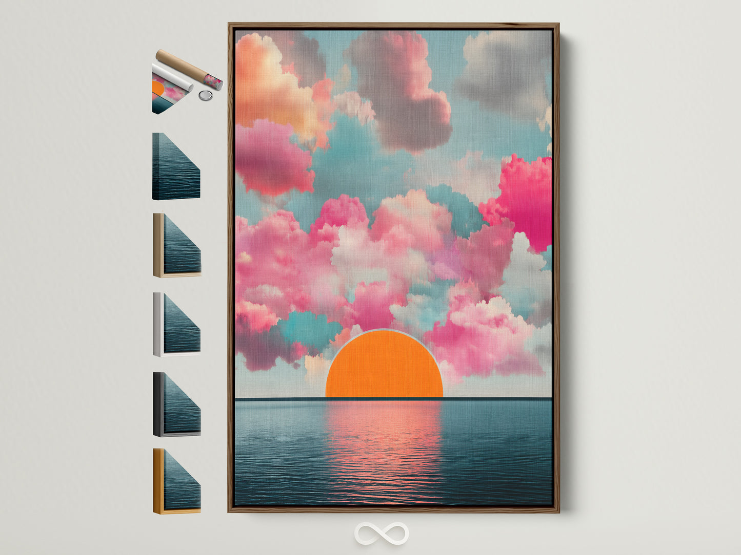 Sunset Clouds artwork in a brown frame. This abstract seascape wall art brings a modern touch to any room. Notice the frame options displayed to the side showing the available frame styles. Perfect for adding calming art to your bedroom or living space.