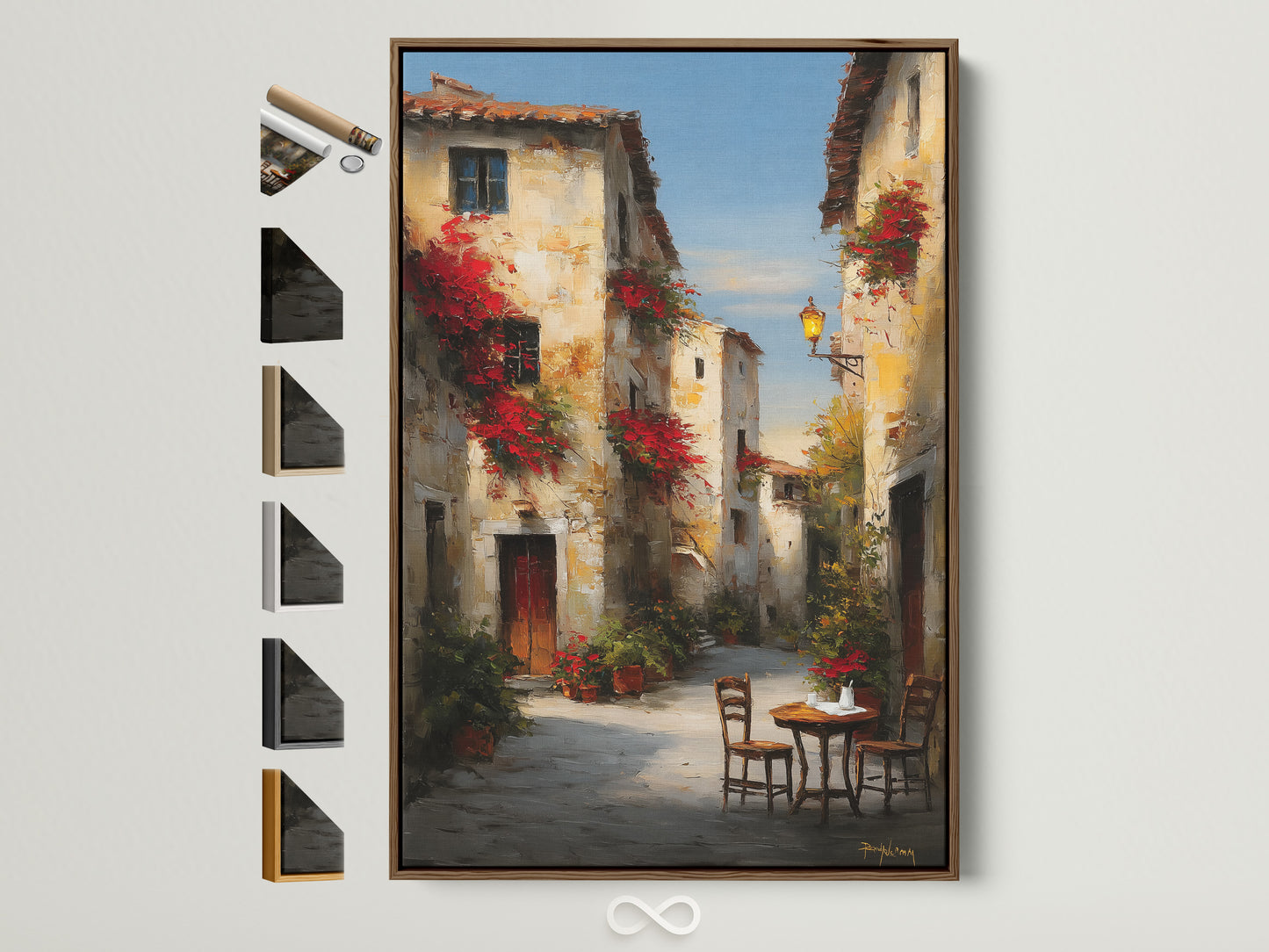 Brown frame showcasing artwork. The artwork depicts a charming European street scene. Red flowers adorn buildings. A table and chairs sit invitingly. Explore frame options for this captivating artwork. Enhance your space with framed art. Discover art that tells a story.