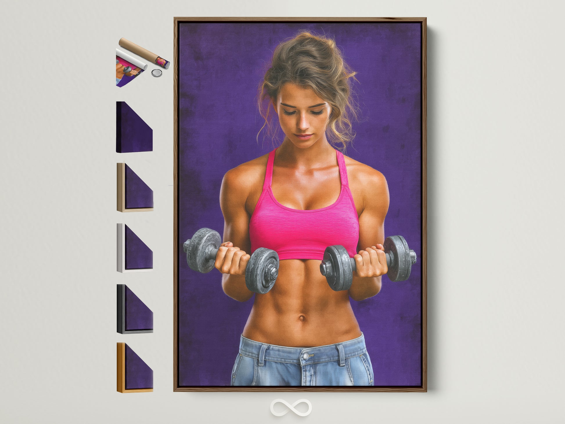 Fitness Woman Canvas Art in a Brown Frame. This gym wall decor features a strong female athlete lifting weights. It's a motivational workout print perfect for a home gym. See all available frame options on the side.