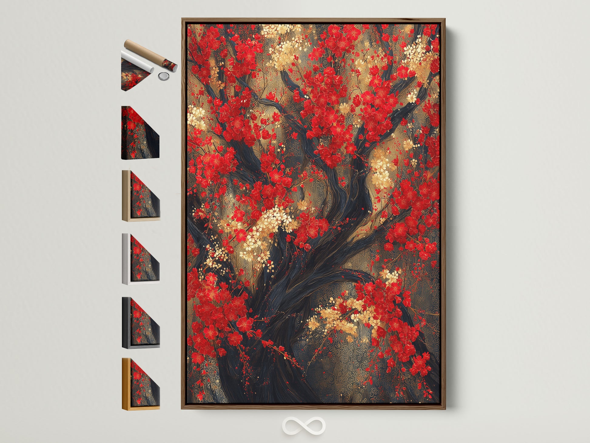 A captivating Red Blossoms Canvas Print is showcased with various frame options displayed nearby. This Asian botanical artwork features a Japanese cherry tree. It's ideal for adding a touch of oriental decor to dining rooms or any space seeking nature-inspired art. The primary color is red with gold accents. Perfect for contemporary wall decor.