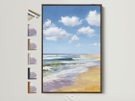 Artwork featuring a serene beach scene. It has a brown frame. The frame options are displayed on the side. This allows for easy customization and selection of your desired frame style.