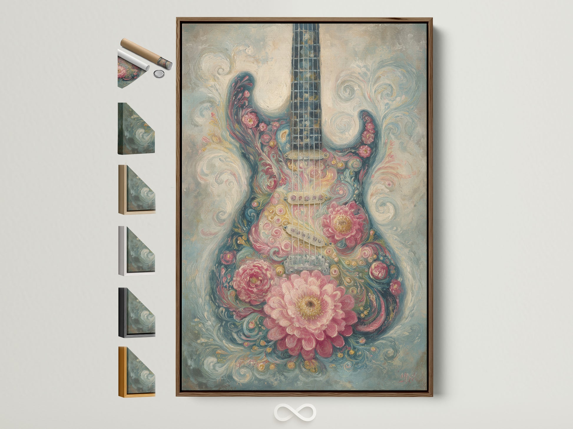 A brown frame displays artwork of a guitar covered in flowers. All frame options are visible on the side. The artwork is vibrant and detailed. It adds a touch of elegance to any space. Perfect for music and art lovers.