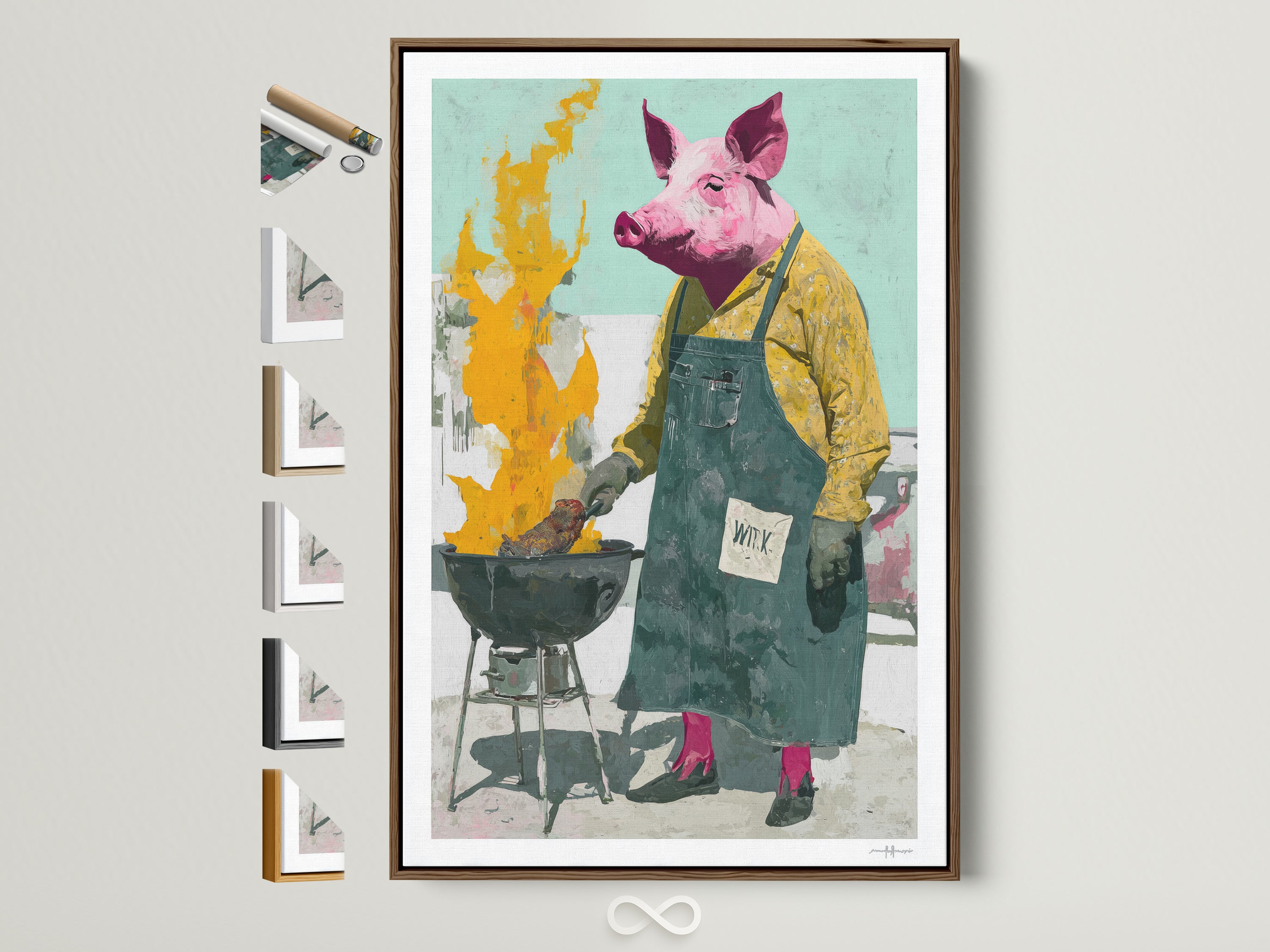 Explore frame options for the Pig Chef artwork. This brown frame is displayed alongside other frame choices. Find the perfect frame to match your kitchen or dining room decor. It enhances the quirky BBQ art print.