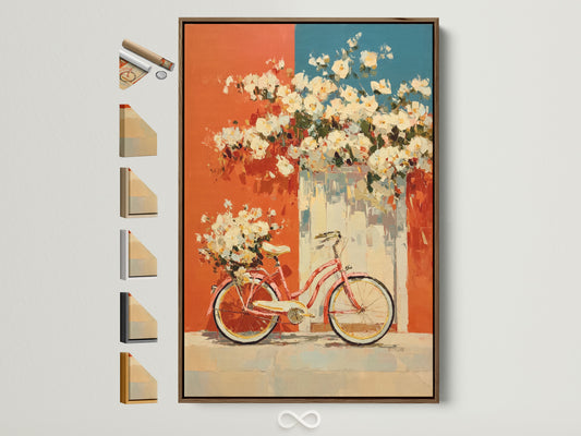 Vintage bicycle artwork in a brown frame. The artwork features floral accents in coral and teal. This retro poster adds a touch of mid-century style to any kitchen or living room. A variety of frame options are displayed to the side. Perfect for adding a distinctive touch to your home decor.