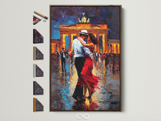Brown frame with all frame options displayed on the side. The artwork shows a couple dancing in front of a city backdrop. This frame option provides a warm and natural feel to the artwork. It enhances the colors and details of the piece. It is perfect for adding a touch of elegance to any room.