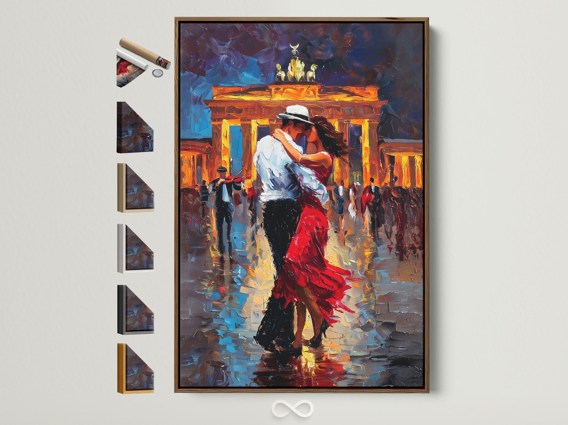 Brown frame with all frame options displayed on the side. The artwork shows a couple dancing in front of a city backdrop. This frame option provides a warm and natural feel to the artwork. It enhances the colors and details of the piece. It is perfect for adding a touch of elegance to any room.