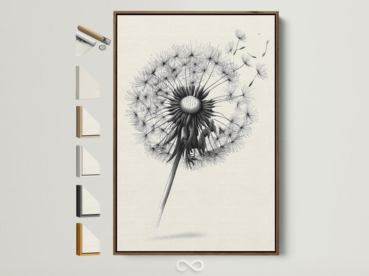 A framed dandelion artwork hangs on a white wall. The frame is brown. Frame options are displayed on the side. This artwork adds a touch of nature to any room. It is perfect for creating a calming and stylish atmosphere. The brown frame complements the artwork beautifully.