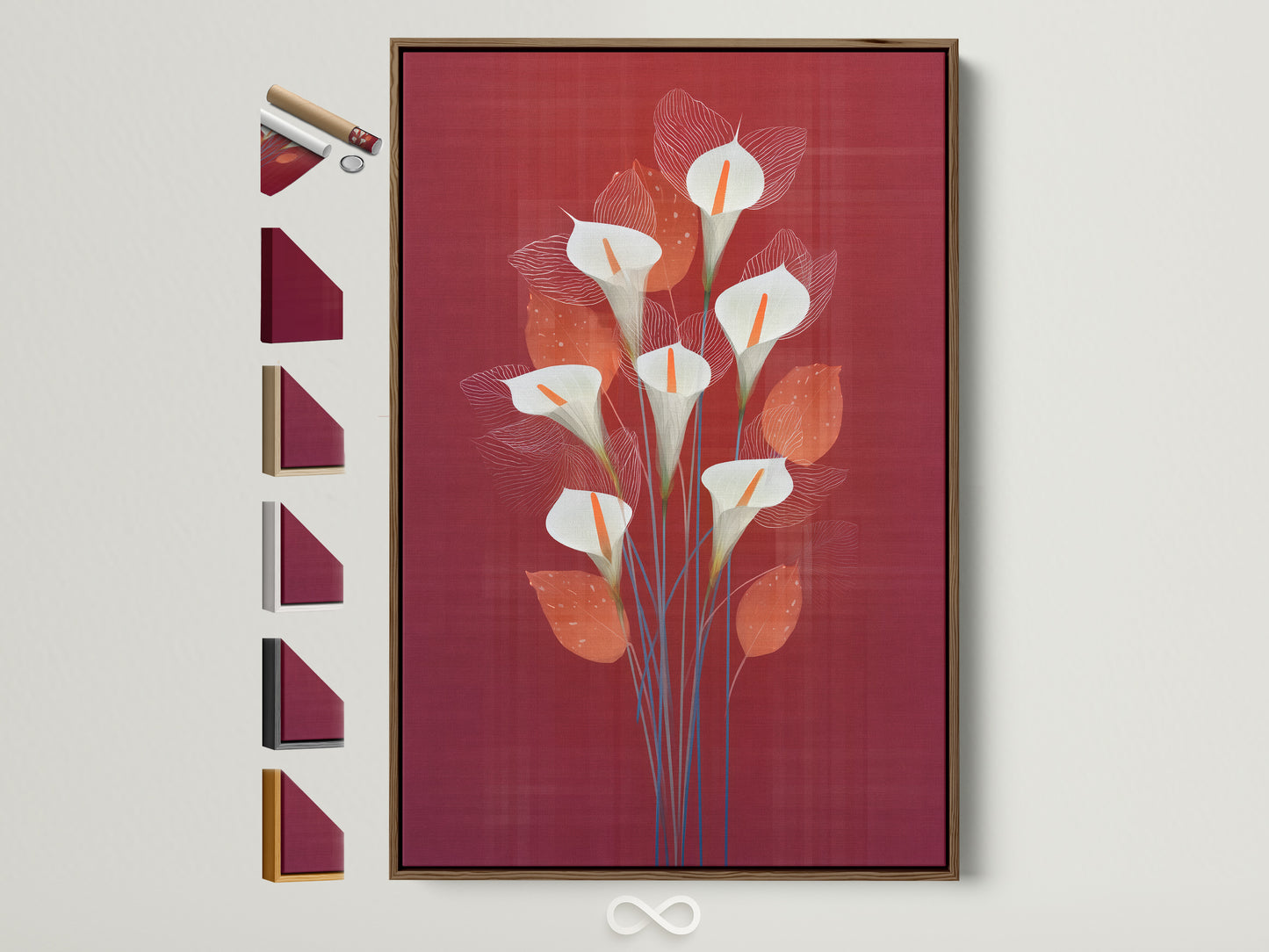 Explore frame options for your calla lily artwork. This brown frame is displayed alongside other frame choices. Find the perfect frame to complement your burgundy red floral poster. Enhance your bedroom wall decor with custom framing.